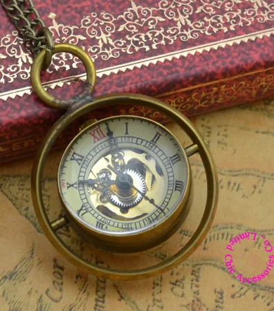Оптовый покупатель хрустальный шар Механические карманные часы ожерелье человек женщин FOB часы Новый Бронзовый спиннинг стекло с цепочкой