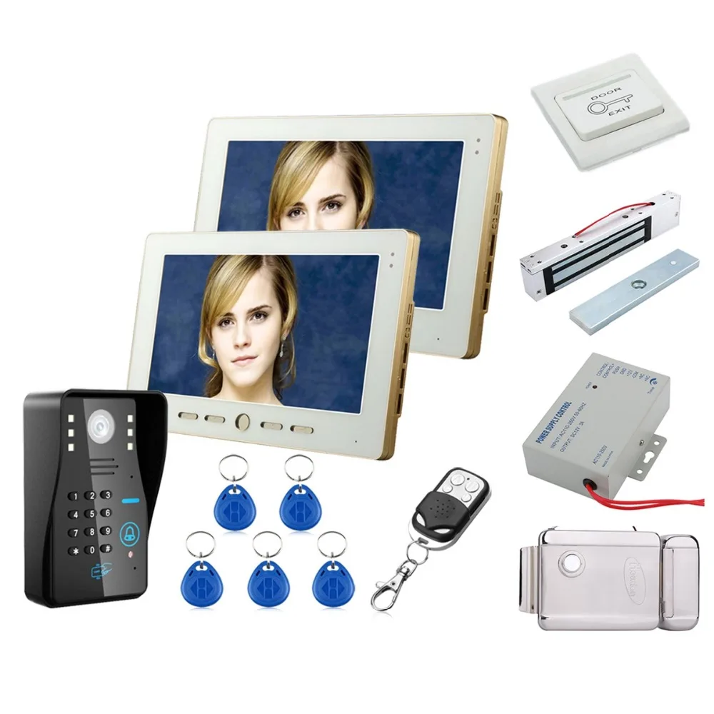 

Home Security 10" 2 Monitor RFID Password Video Door Phone Doorbell Intercom System With IR Camera+Electronic locks Set