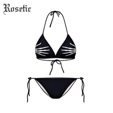 Rosetic, готическое женское черное сексуальное нижнее белье с бретельками на бретельках, пэчворк, на шнуровке, с 3D принтом черепа, готический стиль, сексуальные готические короткие комплекты