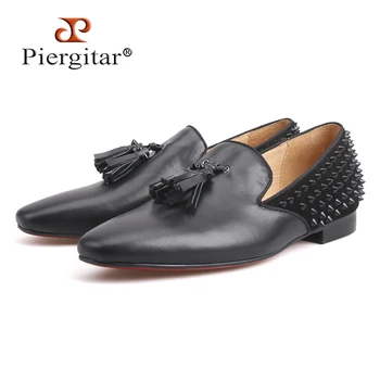 

Handmade Men's Luxury Loafer Leather Vamp with Spikes Leather Tassels and Suede Spikes Counter Party and Prom Fashion men flats