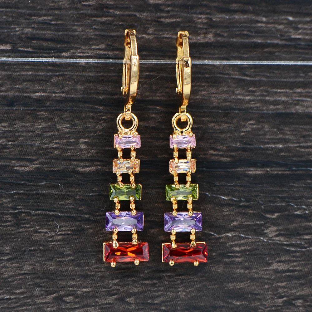 

Gold Color Colorful Rainbow Cubic Zirconia CZ Fashion Geometric Ladder-Shaped Earrings For Women