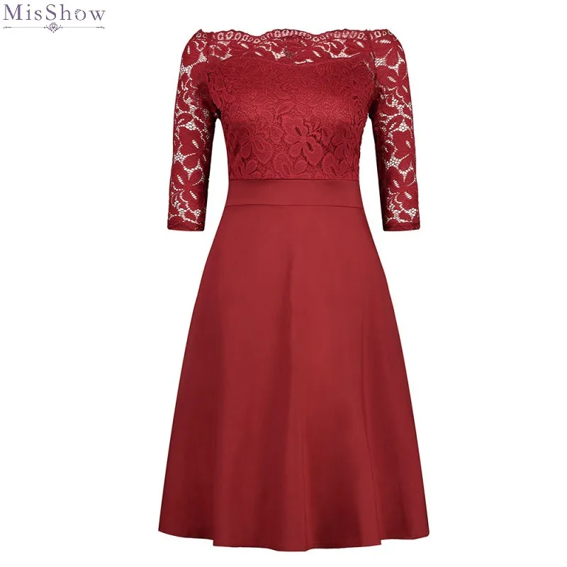 

Lace Women Dress Summer Off The Shoulder Vintage Swing Dresses Elegant Solid Burgundy Midi Party Dress Vestidos