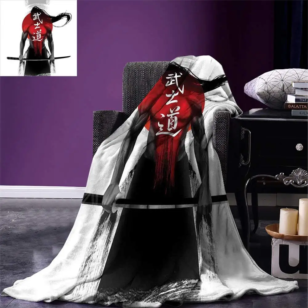 

Japanese Throw Blanket Samurai Figure Sunburst Background Ronin Japan Indigenous Cultures Theme Warm Microfiber Blanket