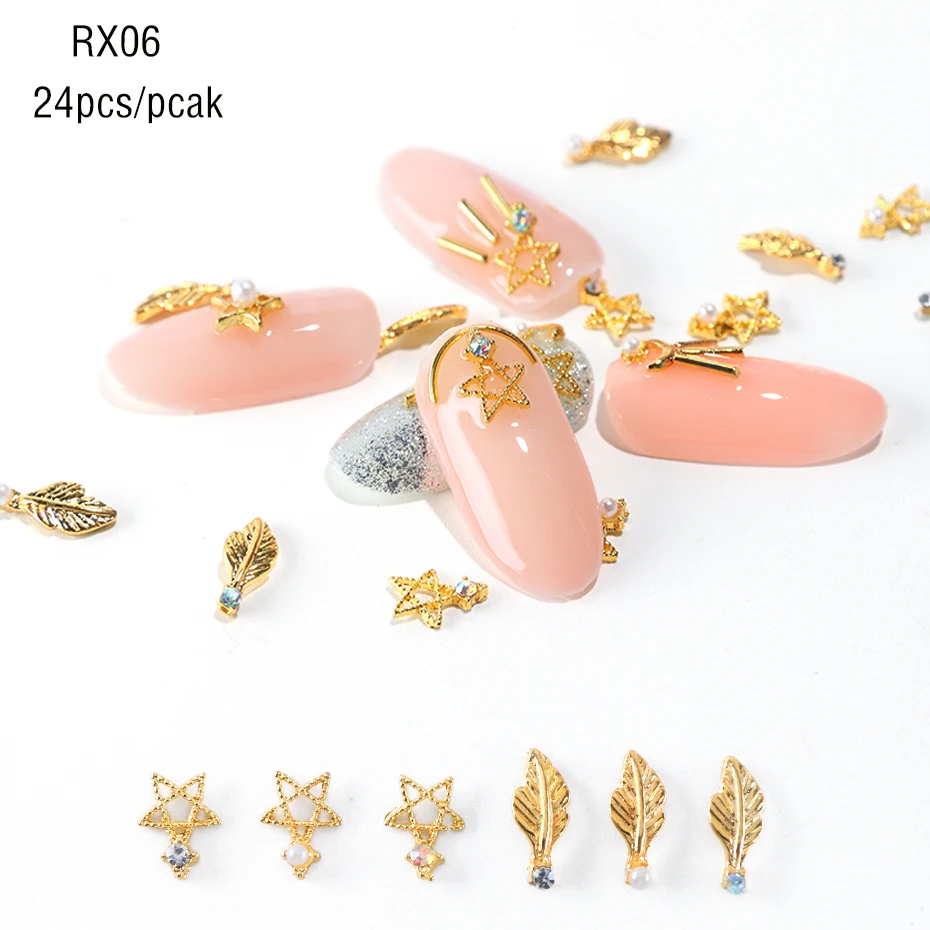 24pc Gold 3D Nail Art Decorations Charm Alloy Metal Set Mixed Star Moon AB Rhinestones Jewelry Frame Rivet DIY Accessories LA971 (16)