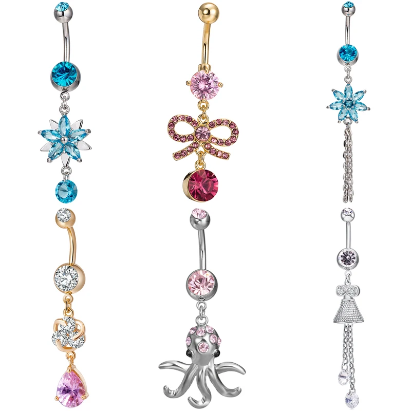 

2019 Sexy Dangle Navel Piercing Rings Rhinestone Body JewelryDouble Petals Zircon Crystal Surgical Steel Belly Button Rings