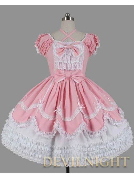 

Pink and White Short Sleeves Lace Bow Sweet Lolita Dress