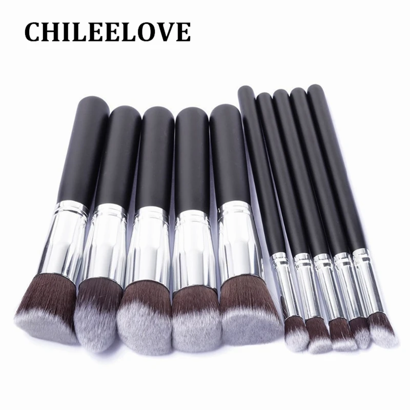 CHILEELOVE 10 Pcs/Set Silver Makeup Brushes Kit Synthetic Hair Wooden