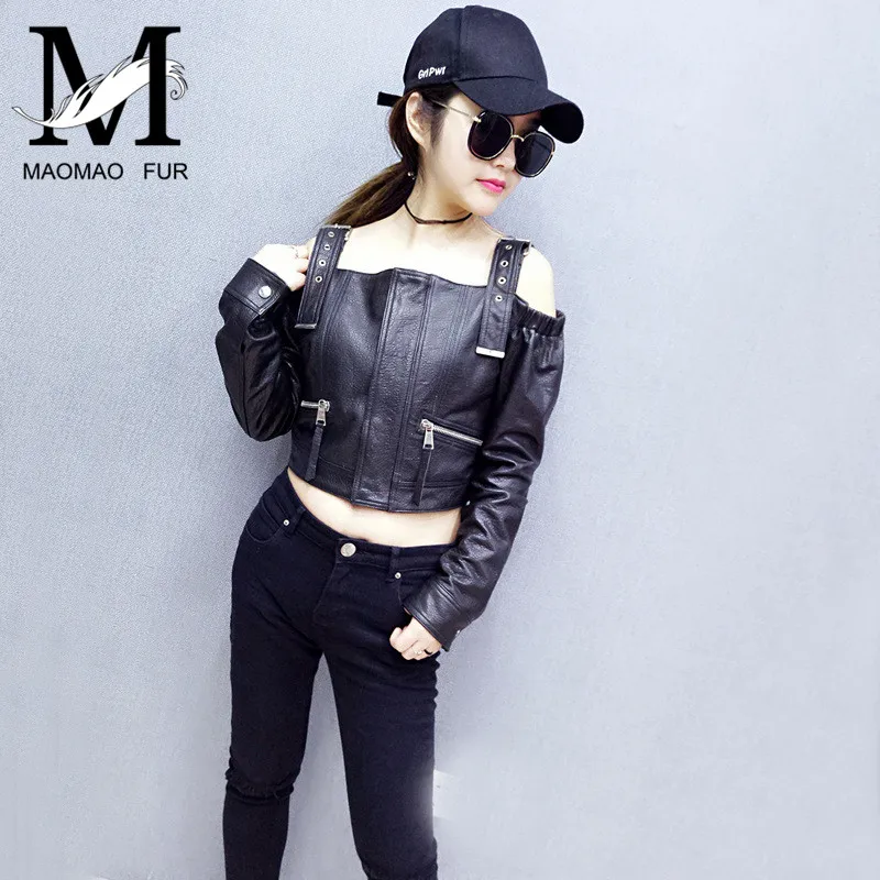 Fashion Lady Genuine Leather Strap Coat Without Collar Women Real