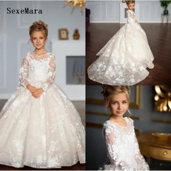 

High Quality Girls First Communion Gowns with Buttons Full Sleeves Customzied Flower Girl Dress For Wedding Kids Prom Dresses