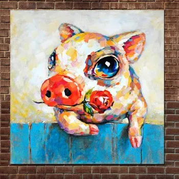 

Hand Painted Cartoon Art Abstract Lovely Pig Oil Paintings on Canvas Pig eat Rose Wall Picture Children's Room Home Wall Decor
