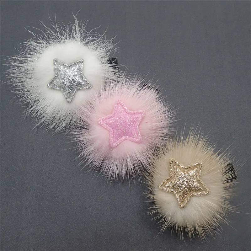 

15pcs/lot Pom Pom Ball Kid Hair Clip with Sparkly Star Classic Glitter Gold Pink Silver Hair Barrette Fall Winter Trendy Grips