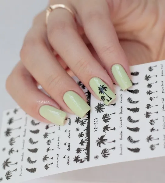 1 Sheet Feather Nail Water Decals Coconut Tree Summer Style Transfer Stickers Nail Art Sticker Tattoo Decals