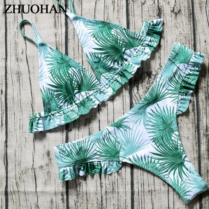 

Sexy Women Print Swimsuit Bikini Set New Swimsuit Low Waist Halter Shoulder Lace Beach Ladies Sling Swimwear Beach Suit Bikini