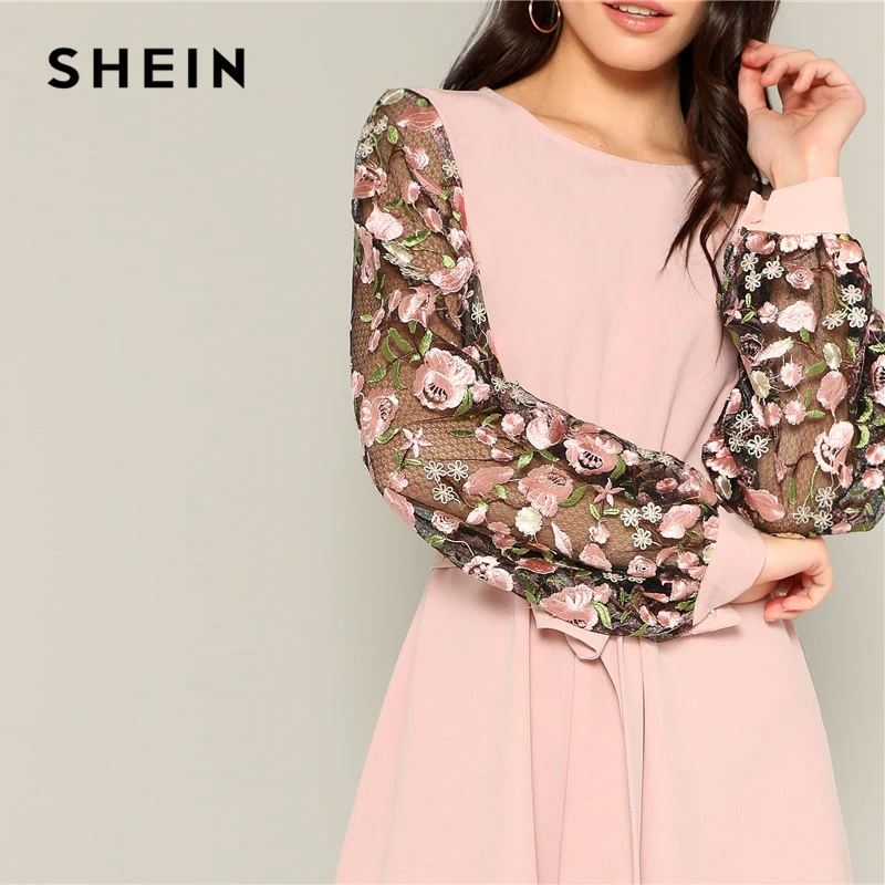 SHEIN Платье С Поясом И Сетчатыми Рукавами, Платье С Цветочной Аппликацией И Прозрачными Рукавами