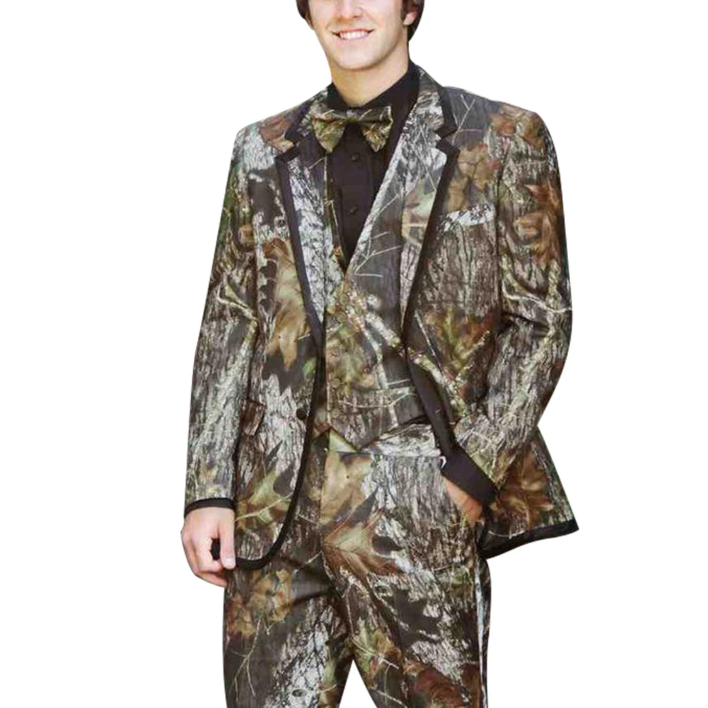 Men's 3 Piece 1 Button Flat Collar Straight Camouflage Color Suits For