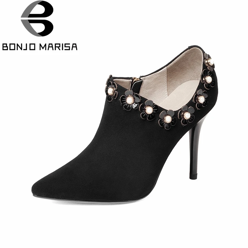 

BONJOMARISA 2018 Spring Autumn Elegant Flowers Women Deep Pumps Natural Kid Suede High Heels Shoes Woman Daily Date Lady Shoe