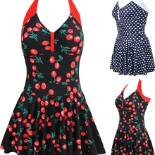 Сексуальное женское цельное платье, купальник, монокини, Холтер, винтажный купальник, пляжная одежда, открытая спина, вишня/точка, принт, размера плюс, купальный костюм