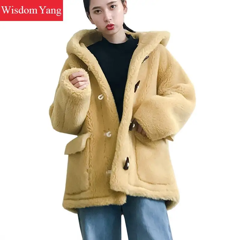 

Winter Warm Sheep Wool Imitation Fleece Sheep Coats Faux Suede Elegant Red Yellow Women Oversize Overcoat Ladies Coat Outerwear