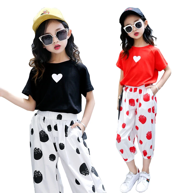 

Girls Clothing Sets Summer Heart Print Short T shirt Dot Pants 10 12 Year Kids Tracksuit Children Teenage Baby Girls Clothes Set