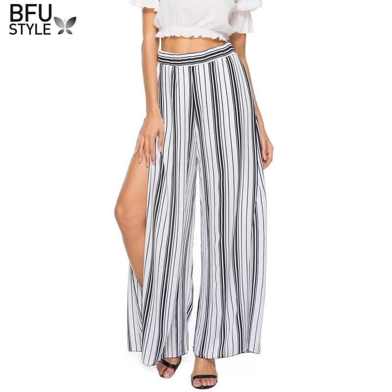 Women Side Pants High Waist Split Wide Leg Pants Stripe