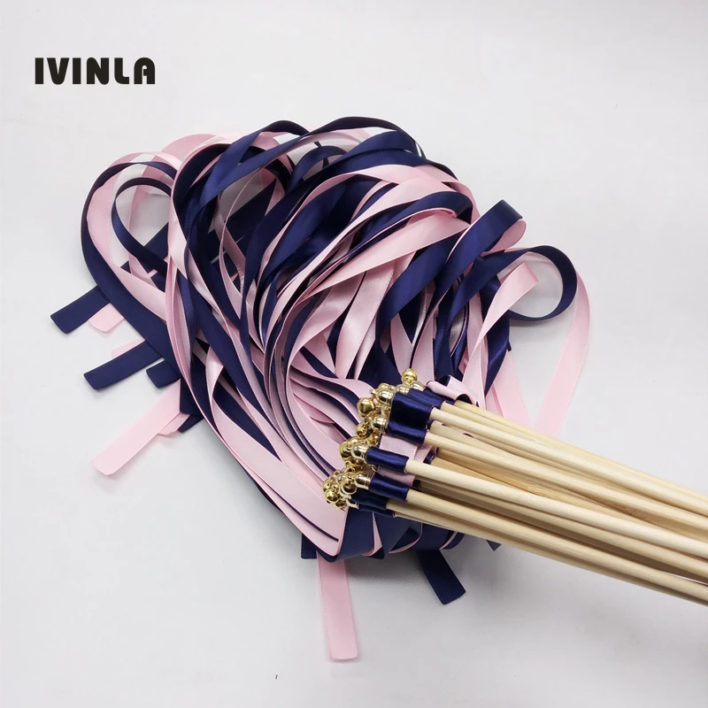 Nuovo Arrivato 50 Pz/Lotto Navy + Rosa Nastro Nozze Stick Bacchetta Con Campana D'Oro Per La Decorazione Di Nozze