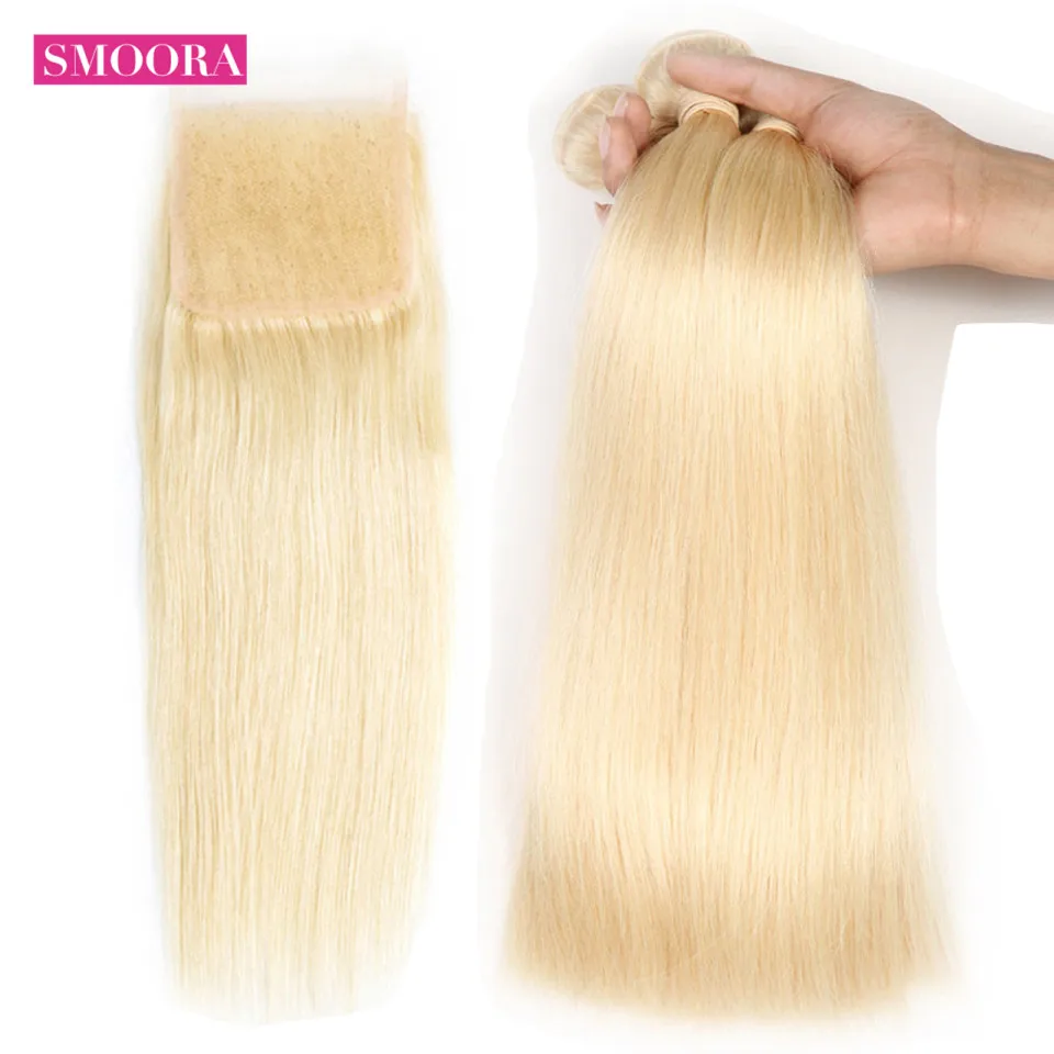 Malaysian 613 blonde straight hair bundle with closure free part
