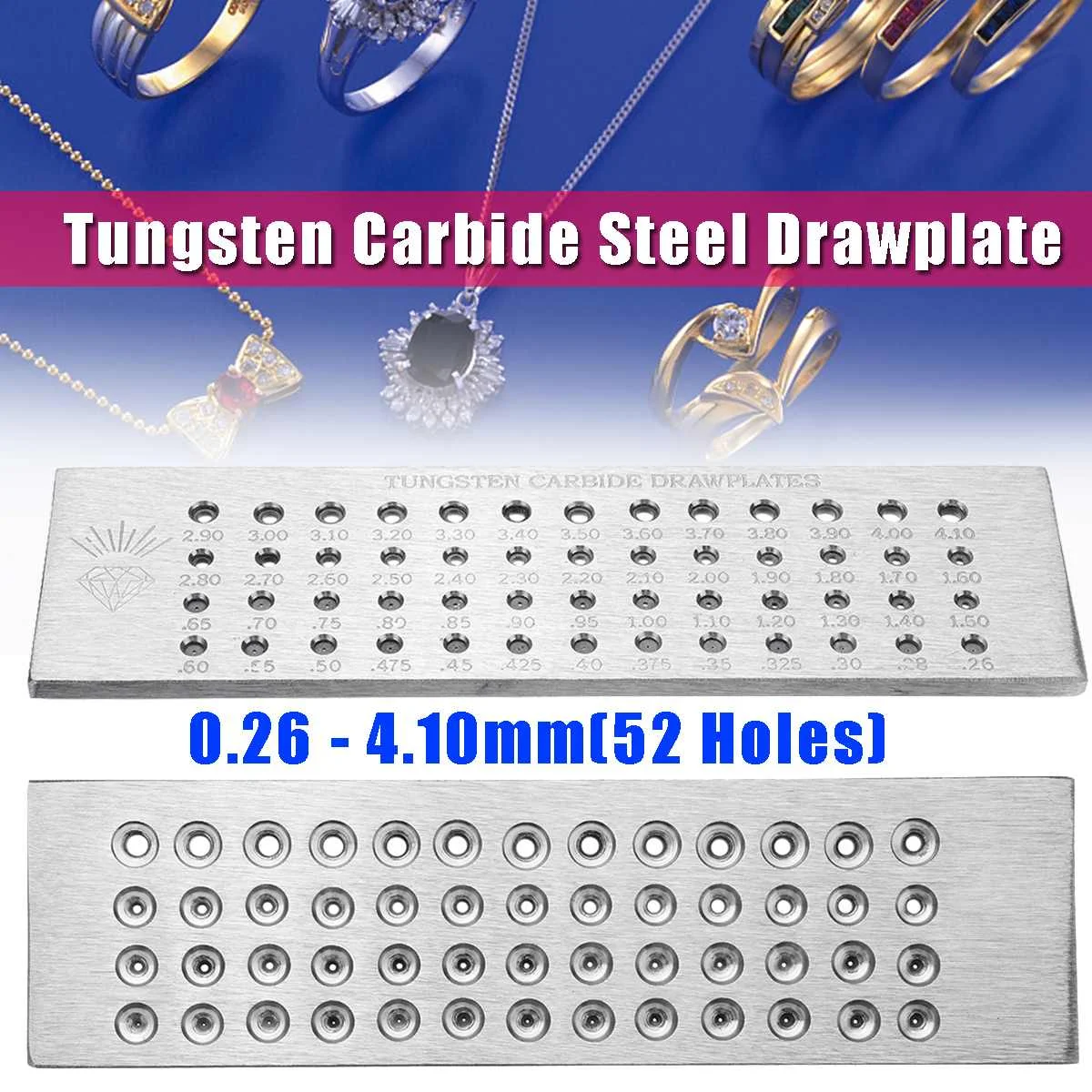 Вольфрамовая карбидная сталь Drawplates 52 круглые отверстия 0,26-4,10 мм проводка ничья пластина 20x5,5x0,5 см ювелирные инструменты и оборудование