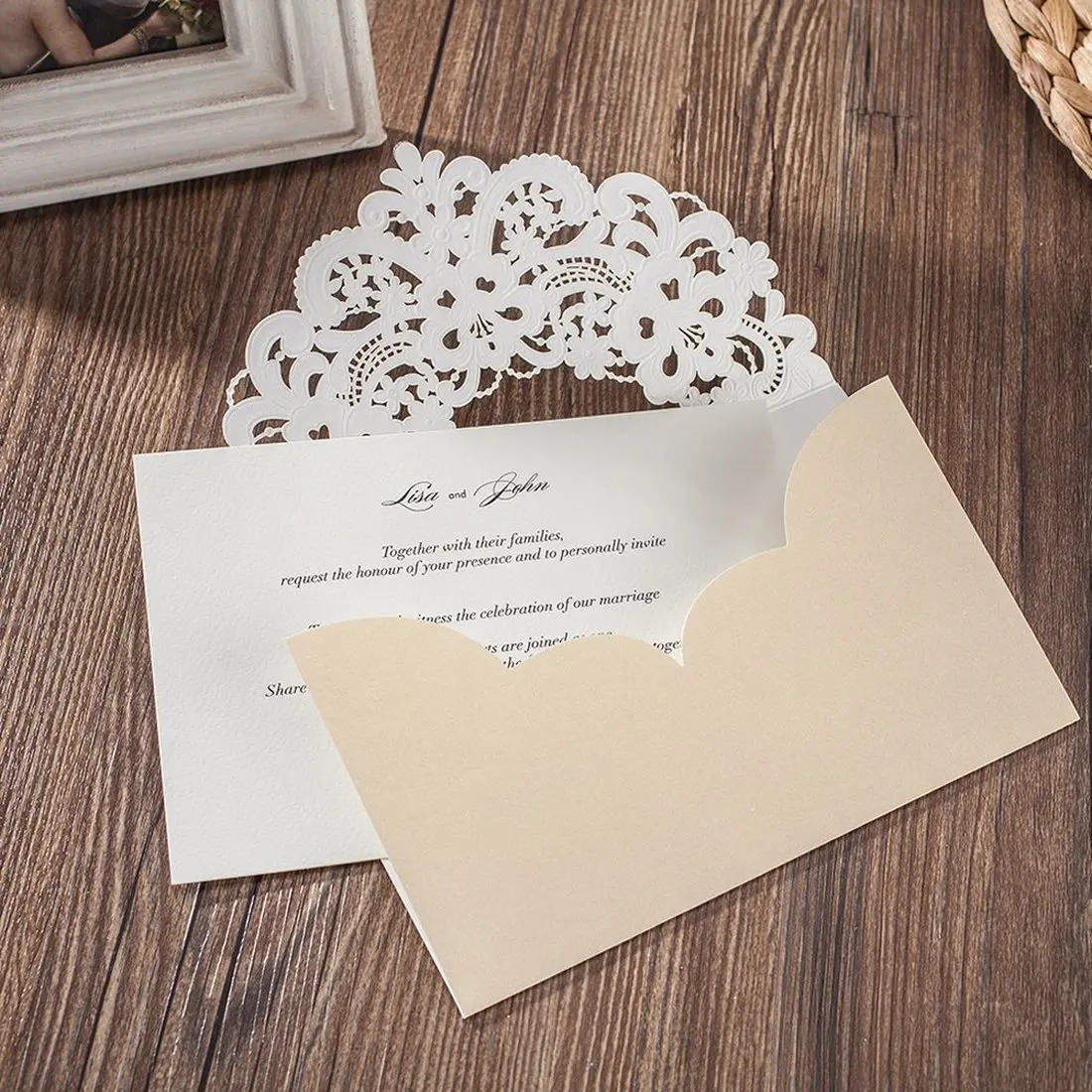  20Pcs Champagne Gold Shimmer Pearl Laser Cut Flora & Lace Wedding Invitations With Rhinestone Match - 33039931559