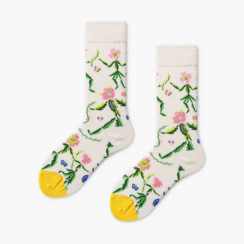 High Quality Funny Mens Socks Cotton Novelty Summer Women Brand Skateboard Happy Socks Hip Hop Crazy Short Skate Thermal Socks - Цвет: A1 Beige flower