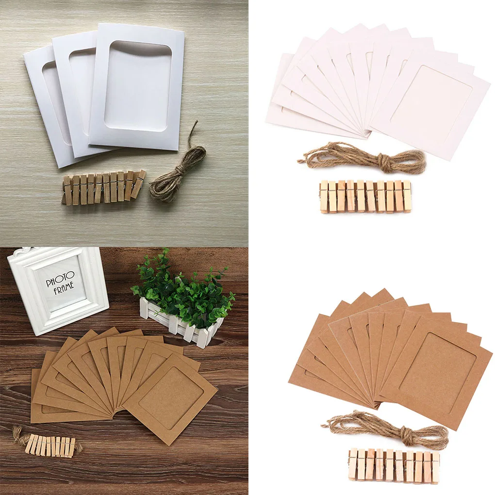 

10 Pcs DIY Kraft Paper Photo Frame 4 inch Hanging Wall Photos Picture Frame Kraft Paper With Clips and Rope For Family Memory