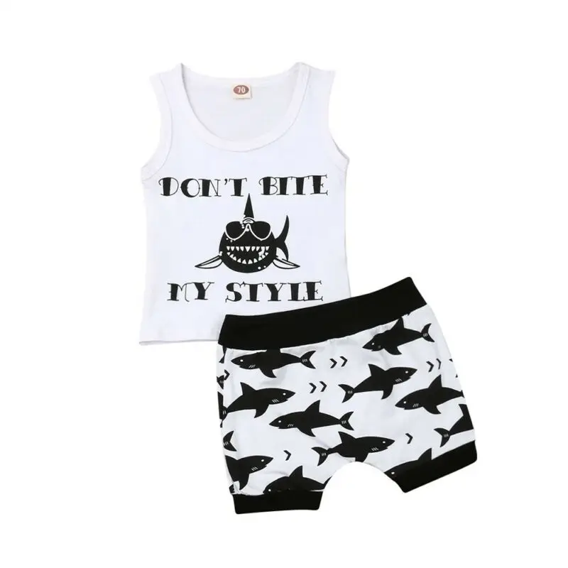 

0-24M Toddler Baby Boy Summer Shark Clothes Letter Printed Sleeveless Vest Tops Shorts Pants Outfits Newborn 2Pcs Clothing Set