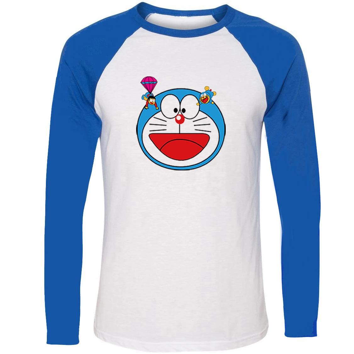 

IDzn Unisex Spring Autumn Japan cartoon Doraemon Nobita Nobi Pattern T-shirt Casual Patchwork Long Sleeve T Shirt Men Male Tops