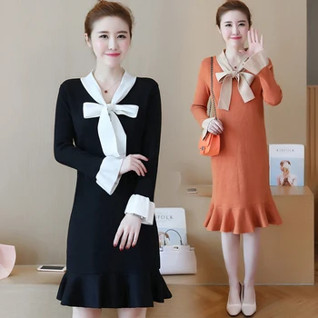 

2018 new autumn and winter knit dress loose lotus leaf hem Korean fashion women casual vestidos bow collar plus size clothes