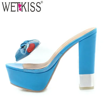 

WETKISS High Heels Slippers Woman Mesh Peep Toe Footwear Slides Shoes Female Mules Platform Transparent Pvc Shoes Woman Summer