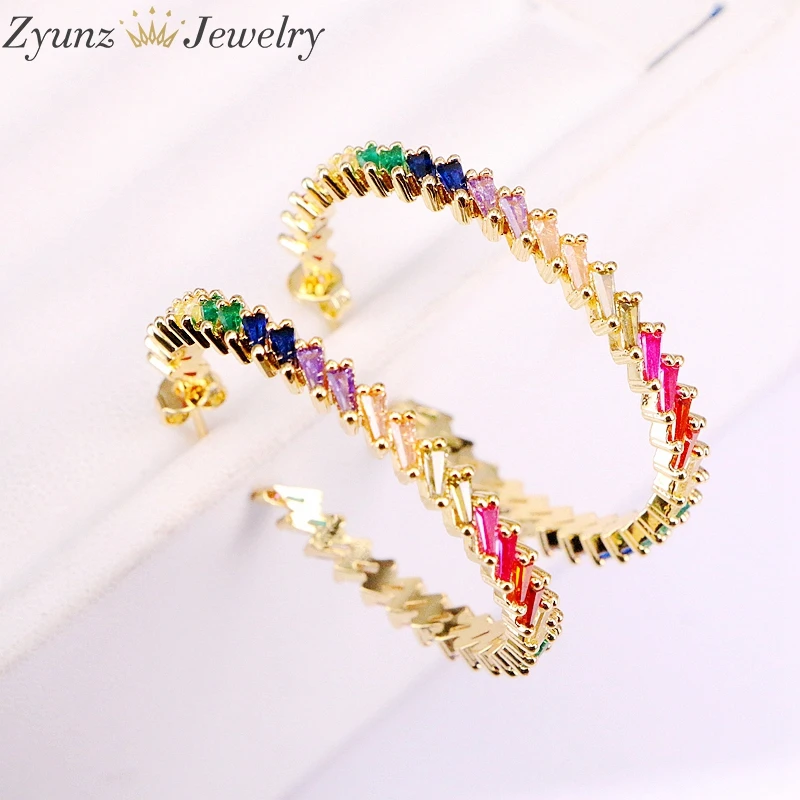 

3Pairs, 41mm, Stud Earrings CZ Circle Earrings With Mix Rainbow Zirconia Gold Stud Earring girl earring women jewelry