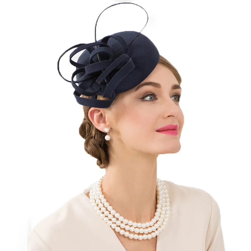 FS sombrero azul marino de las señoras para las bodas pilbox Fascinator lana mujeres Fedora Vintage cóctel té partido Derby Iglesia sombreros - 2
