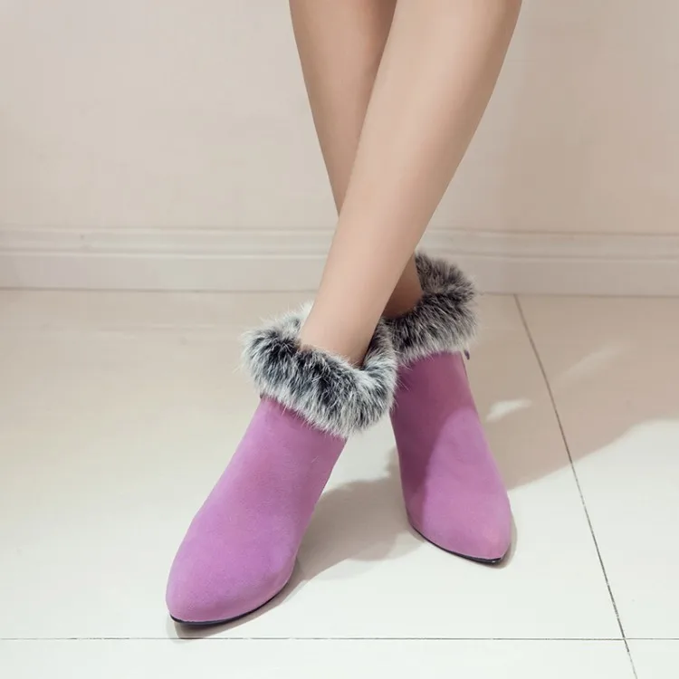 

Big Size 11 12 13 14 Winter suede pointed high-heeled sexy fur side zipper boots in Europe and America