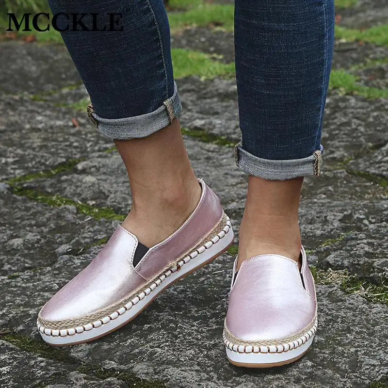

MCCKLE Women Leopard Shallow Flat Shoes Hemp Weaving Sewing Slip On Ladies Elastic Band Fashion Platform Female Casual Loafers