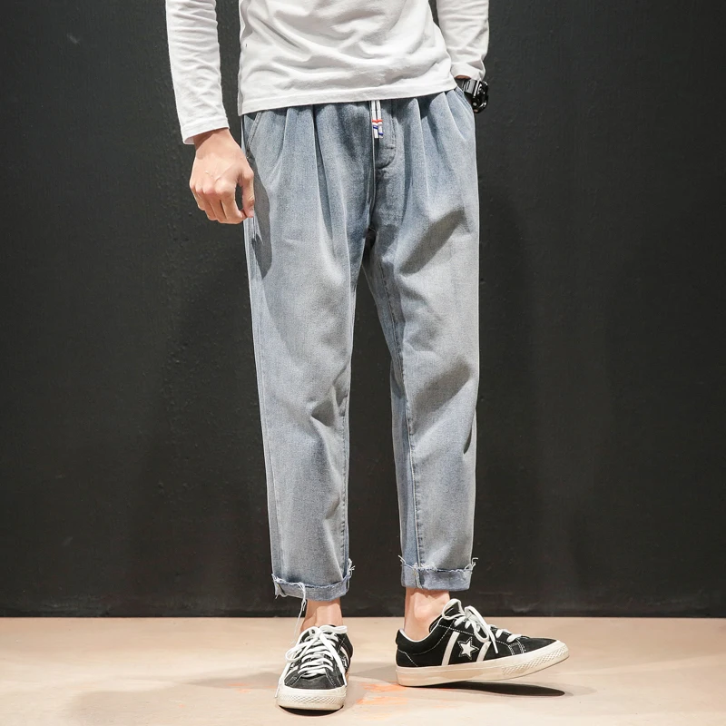 

Mens Summer Fashion New Jeans Loose Plus Size Elastic Waist Mens Hiphop Ankle-Length Pants Jeans Casuales De Los Hombres Blue