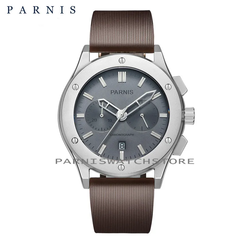 Повседневные модные мужские часы Parnis 41 мм Мужские наручные часы s Qaurtz хронограф черные кожаные Авто Дата Мужские кварцевые военные часы