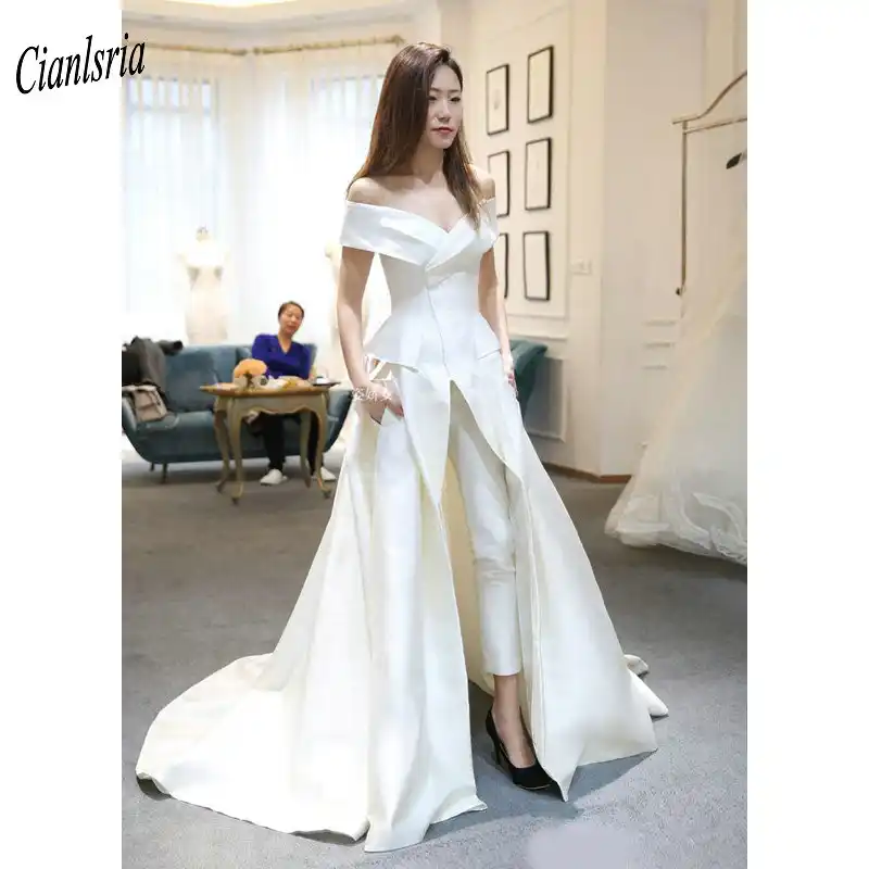 二枚ジャンプスーツ国のウェディングドレス肩のペプラムサテンオーバースカートハイスプリットウェディングドレス Vestido デ ノビア Wedding Dresses Aliexpress
