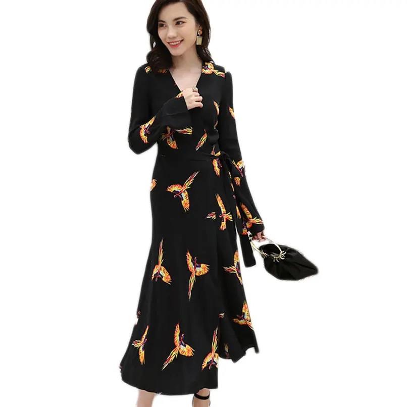 

2019 Summer Women Phoenix Printed Black Chiffon Long Dresses Ladies V-Neck Long Sleeve Maxi Wrap Dress