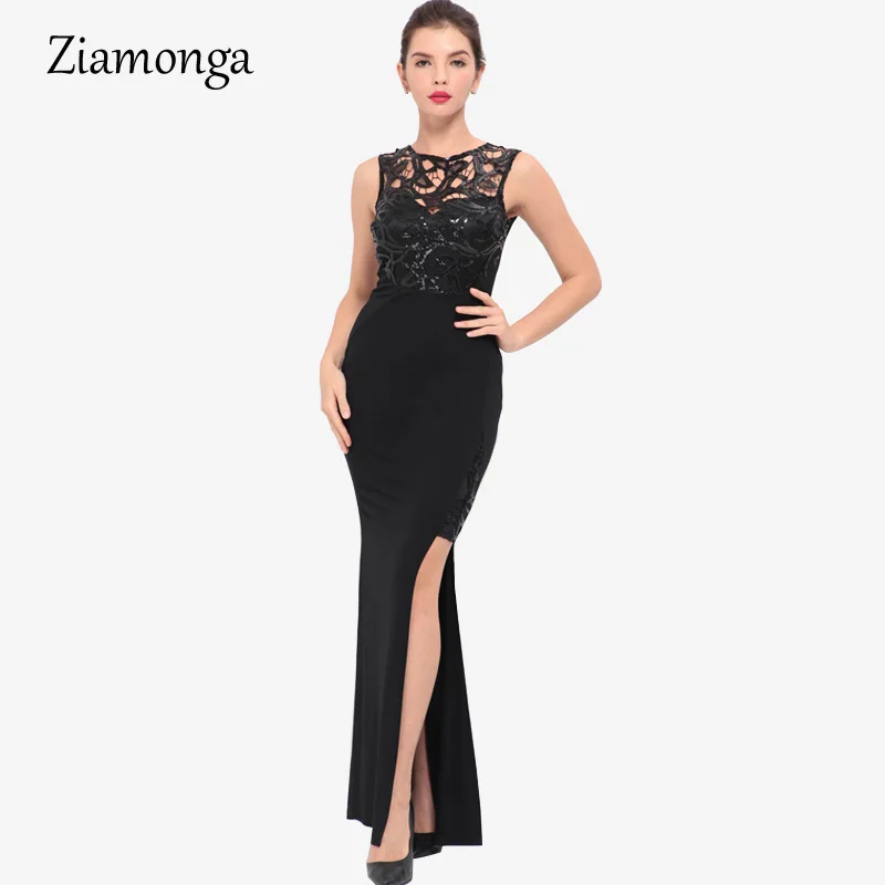 

Ziamonga Black Elegant Evening Party Dresses Sequin Lace Split Maxi Dress Sexy Party Gowns Robe De Soiree Longue Vestidos Largo
