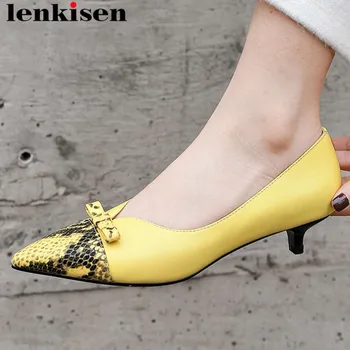 

Lenkisen genuine leather butterfly-knot decoration slip on office lady kitten heels pointed toe snakeskin pattern pumps L2f1