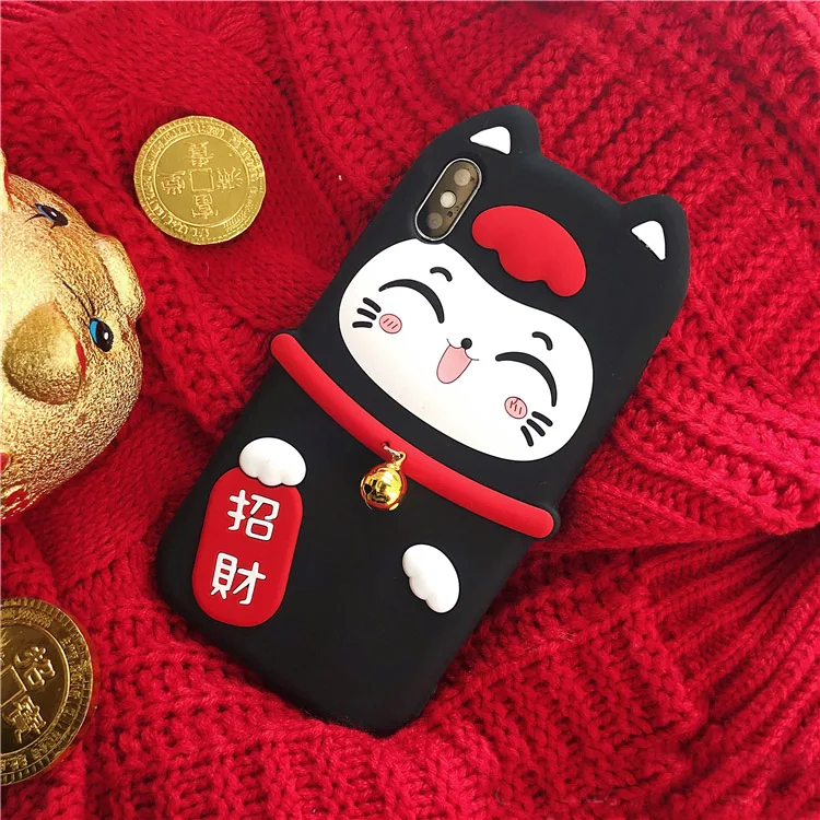 Мягкий чехол для iphone XS max Lucky Cat для iphone 11 pro max XR X 6 7 8 plus Maneki Neko праздничный мягкий чехол для телефона маленький колокольчик - Цвет: Черный