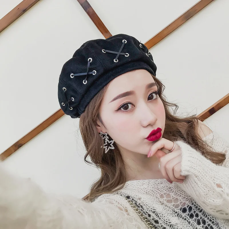 

Winter women hats bow tie girl bonnets Woolen fabric Felt Straps Bandage Beret Beanie woman sombrero Fashion Hot solid hat