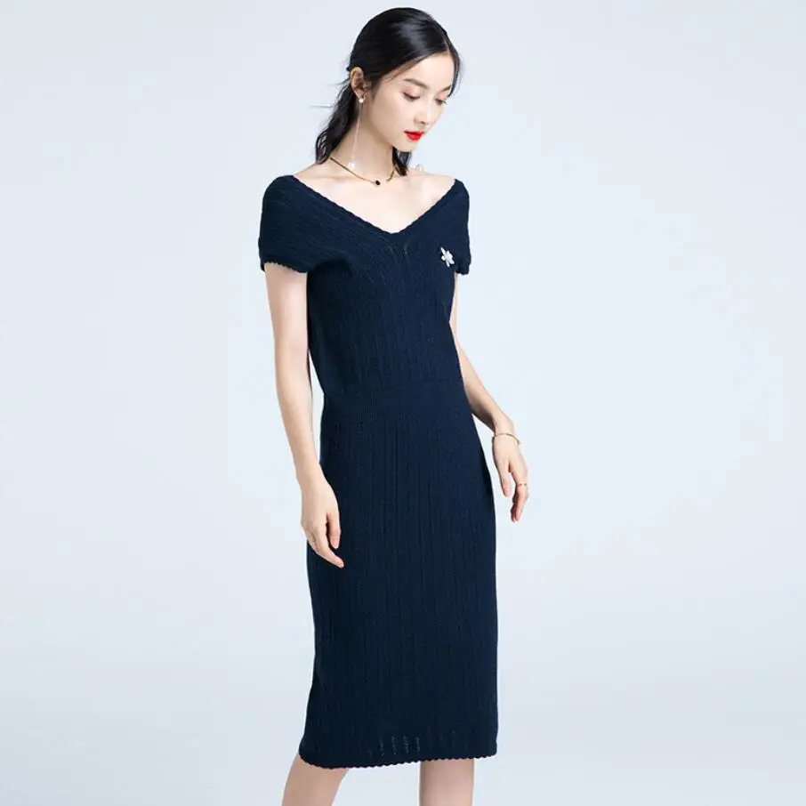 Free Shipping SDJ New Summer Fashion Dress Women V-neck Sleeveless Solid Color Hollow Out Slim Knit Casual Size S-L | Женская одежда