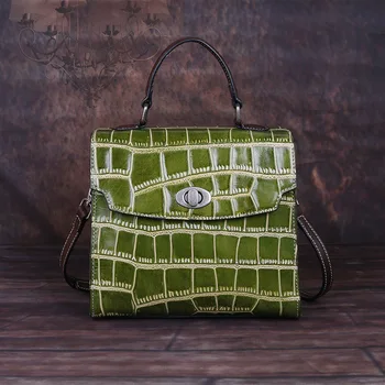 

2019New Women's Vintage Crocodile Pattern Genuine Leather Tote Shoulder Bag Handbag