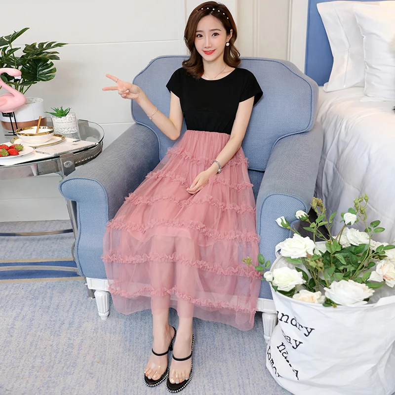 

5336# Pink Gauze Patchwork Cotton Maternity Nursing Long Dress Summer Slim Clothes for Pregnant Women Hot Pregnancy Feeding Wear