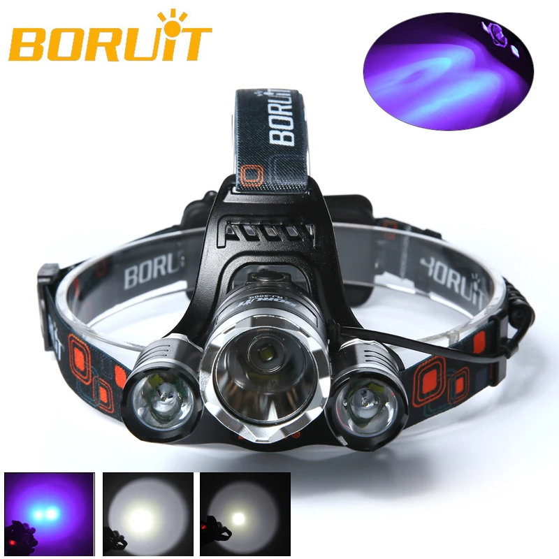 Boruit 5000lm 3x XML T6 + 2r2 395nm УФ licht светодиодный Stirnlampe kopflicht ЕС ladegerät Кемпинг Рыбалка Велоспорт скалолазание